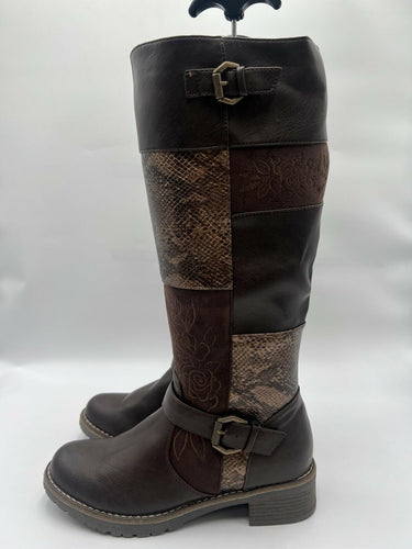 Patrizia Patchwork Knee High Boots Brown Snakeskin Floral Womens Size 42