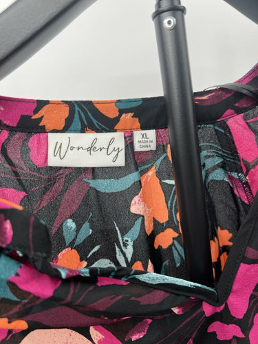 Wonderly Blouse Womens Floral Top Ruffle Sleeve V Neck Black Pink Orange XL Orange