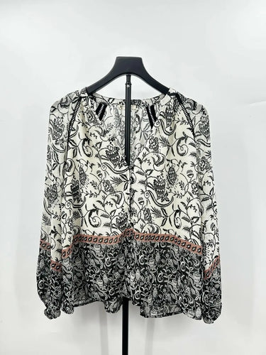 Lovestitch long-sleeve blouse Black/ White Floral Pattern Dusty Rose Border S Lovestitch