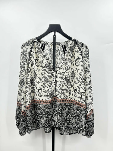 Lovestitch long-sleeve blouse Black/ White Floral Pattern Dusty Rose Border S Lovestitch