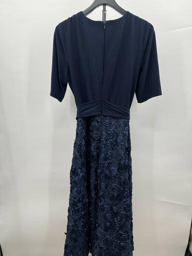 Alex Evenings Navy Wrap Rosette Lace Belted Short Sleeve Evening Gown Size 14 Alex Evenings
