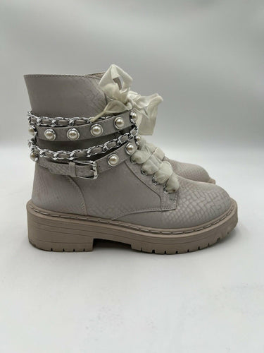 Sugar Kade Ivory Snake Emboss Pearl Chain Combat Boots Womens 7 Sugar
