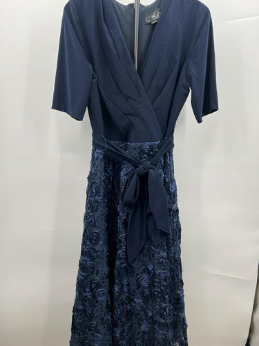 Alex Evenings Navy Wrap Rosette Lace Belted Short Sleeve Evening Gown Size 14 Alex Evenings