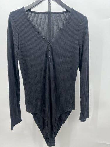 Felina The Sexy Boss Black Ribbed Long Sleeve Bodysuit V Neck Snap Size XL Felina