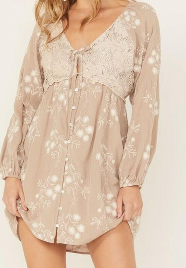 NWD WILD MOSS WOMEN'S FLORAL EMBROIDERED LONG SLEEVE MINI DRESS Size M Wild Moss