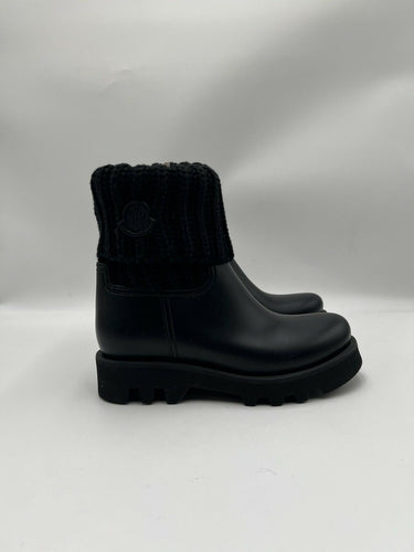 Women’s Moncler Ginette knit-cuff rubber rain boots in black Size 35 Moncler