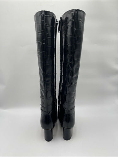 3.1 PHILLIP LIM “Tess” Black Croc-Embossed Square Toe Zip Up Leather Boots, 37