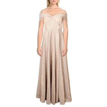 Xscape Off-The-Shoulder Long Glitter Dress Blush/Silver 2 Xscape