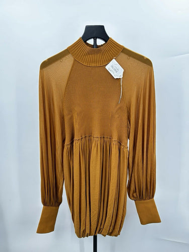 Proenza mustard Schouler Woman top High Neck Ribbed Knit Pleated Sleeves Size 6 Proenza Schouler
