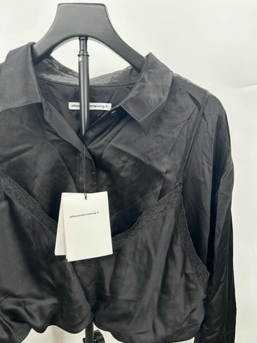 alexanderwang.t Woman’s Black Hybrid Cami Button-Down Shirt Lace Layer Size XL