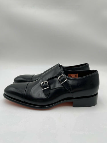 Santoni Men’s Black Leather Double Monk Strap Shoes Size 8.5D