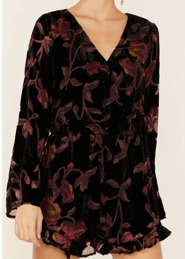 NWD Wild Moss Women's Floral Burnout Long Sleeve Velvet Romper Black Size S Wild Moss
