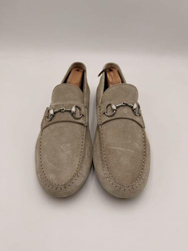 Men’s Gucci beige suede Silver Horsebit driving shoes Size 8UK