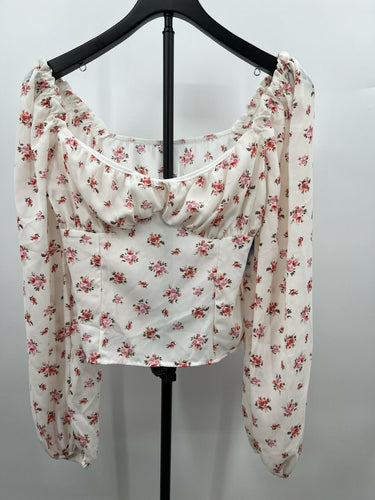 Abound Top White Ditsy Floral Pink Off Shoulder Puff Sleeve Crop M Abound