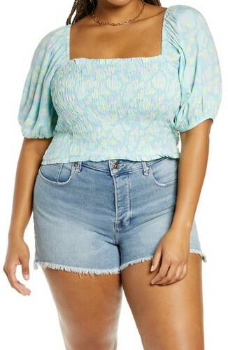 BP. Smocked Puff Sleeve Crop Top in Blue Djuna Floral Size 1X BP.