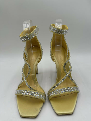 Alexander McQueen Crystal Yellow Satin Ankle-Cuff Cocktail Sandals Size 37.5 Alexander McQueen