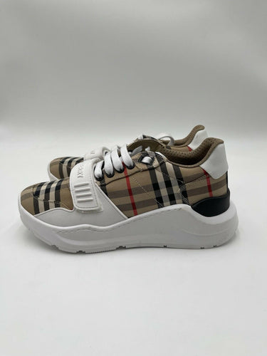 Burberry Regis Check Trainer Sneakers Beige/Black/White, Size 37