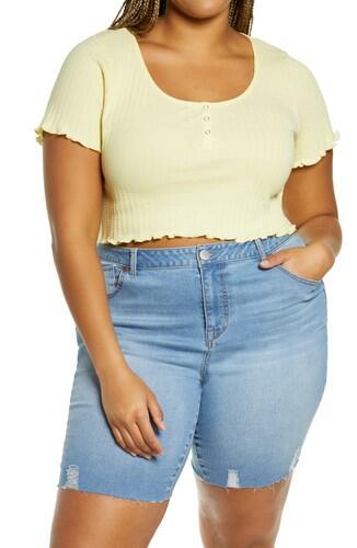 BP. Pointelle Rib Crop Henley, Yellow Lemonade Size 1X BP.