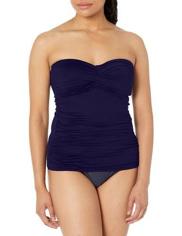 Anne Cole Women's Solid Twist Front Shirred Bandeau Tankini Swim Top, Navy, XL Anne Cole