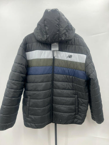 New Balance Jacket Mens Black Puffer Hooded Colorblock Stripe Gray Navy Warm L New Balance
