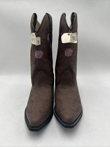 Shyanne Floral Embroidered Brown Leather Snip Toe Pull On Western Boots Girl 6D