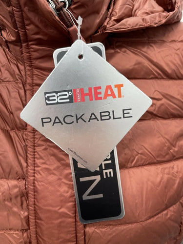 32 Heat Degrees Packable Down Hooded Full Zip Puffer Jacket, Orange Size S 32 Degrees