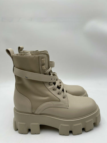 Women’s Prada Monolith Combat Lace Up Mid Calf Boots Beige Leather Size 37.5 PRADA