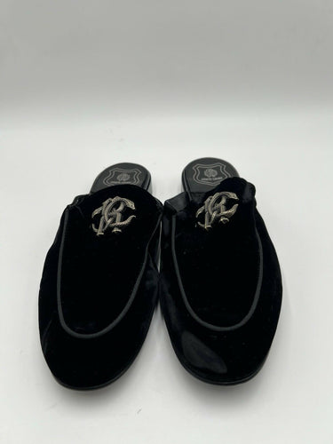 Roberto Cavalli mules black velvet gold-tone Mirror men Snake logo Size 43 Roberto Cavalli
