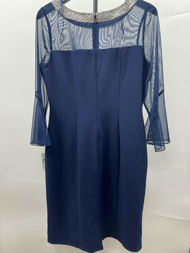 Alex Evenings Navy Blue Beaded Illusion Neckline Bell Sleeve Sheath Dress 12 Alex Evenings
