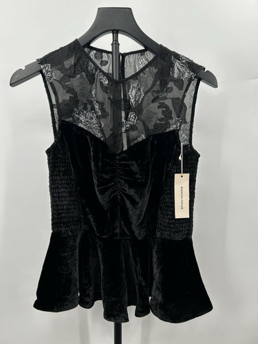 Rebecca Taylor top Black Velvet Peplum Silhouette Sheer Metallic Flowers Size 2 Rebecca