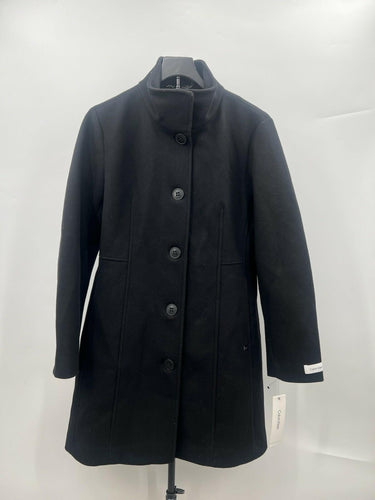 Calvin Klein Coat Womens Black Wool Blend Button Front Funnel Neck Peacoat Fit M Calvin Klein