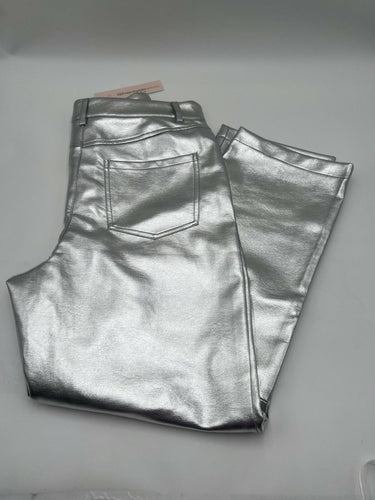 AQUA Silver Metallic Faux Leather Pants Womens Straight Leg High Shine NWT 28 Aqua