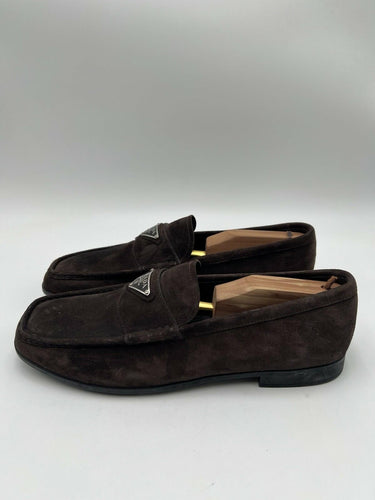Men’s Prada chocolate brown suede slip-on driving loafers triangle logo 7UK PRADA