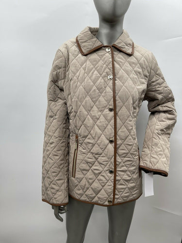 NWT Michael Kors quilted Long Sleeve jacket in a tan faux-leather Lining Size M Michael Kors