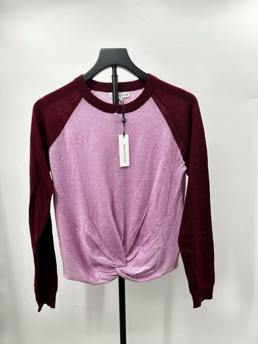 Heartloom Charlie Woman’s baseball sweater Twist Front Maroon Sleeves Size S Twist