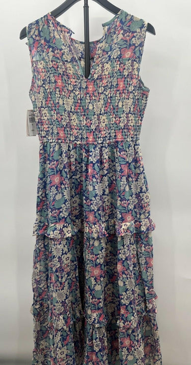 Banjanan Women's Maxi Dress Navy Floral Smocked Ruffle Tiered Sleeveless L Banjanan