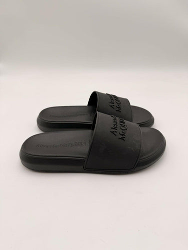 Alexander McQueen Women's black rubber logo embossed slides Size 37 Alexander Mcqueen