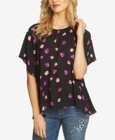 Women's Cece Petal Print Crepe Blouse, Black Size XS CeCe