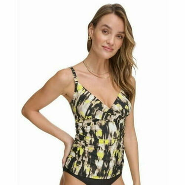 DKNY Womens Twist-Front Tankini To Fluro Yellow Multi Smudged Ab M DKNY