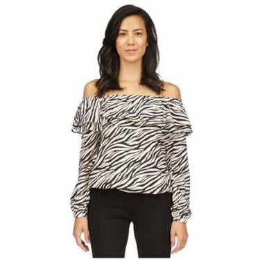 Michael Kors Womens Printed Ruffle Off the Shoulder Blouse Black Petite PL Michael Kors