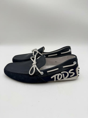 TOD’S Navy/White Leather/Suede Round Toe Slip On Driving Loafers Size UK 6.5