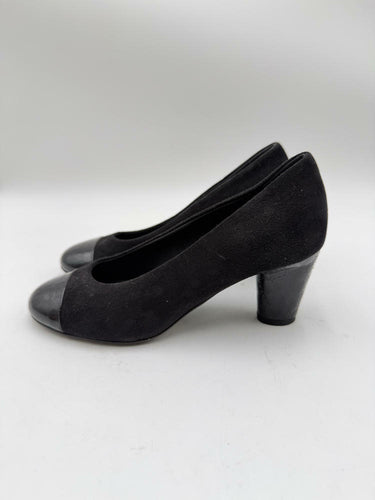 Women’s Chanel Black Suede Patent Cap Toe Block Heel Slip On Pumps Size 35