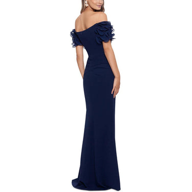 Xscape Long Scuba Crepe Off-The-Shoulder Wire Flower Navy 14