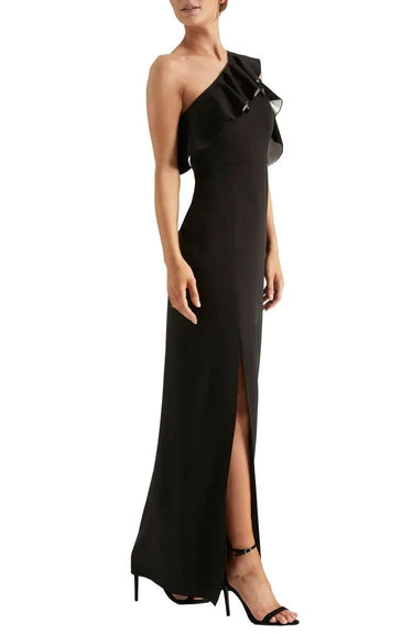 Halston Heritage Women's A-Line Flounce Crepe Gown, Black/Chalk, 12