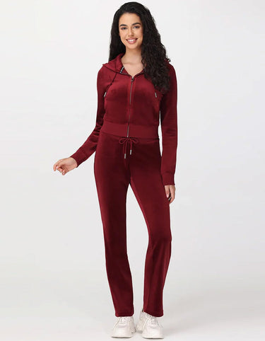 Juicy Couture Women's Solid Rib Waist Velour Pants Drawcord Red Dahlia, M