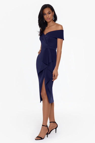 Xscape Knee Length Off-The-Shoulder Scuba Side Slit Dress,Midnight Navy Blue, 10 Xscape