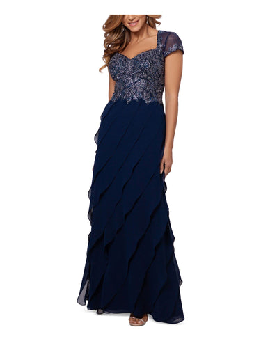 Xscape Long Cap Sleeve Tiered Gown with Appliques Navy/Silver 12 Xscape