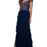 Xscape Long Cap Sleeve Tiered Gown with Appliques Navy/Silver 12 Xscape