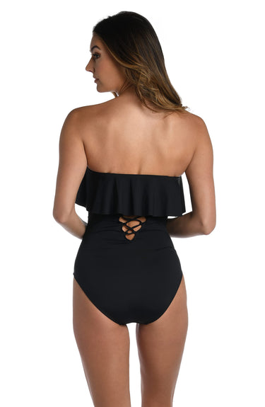 La Blanca Women's Island Goddess Ruffle Bandeau One Piece Swimsuit, Black Size 8 La Blanca