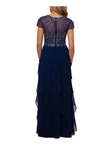 Xscape Long Cap Sleeve Tiered Gown with Appliques Navy/Silver 12 Xscape